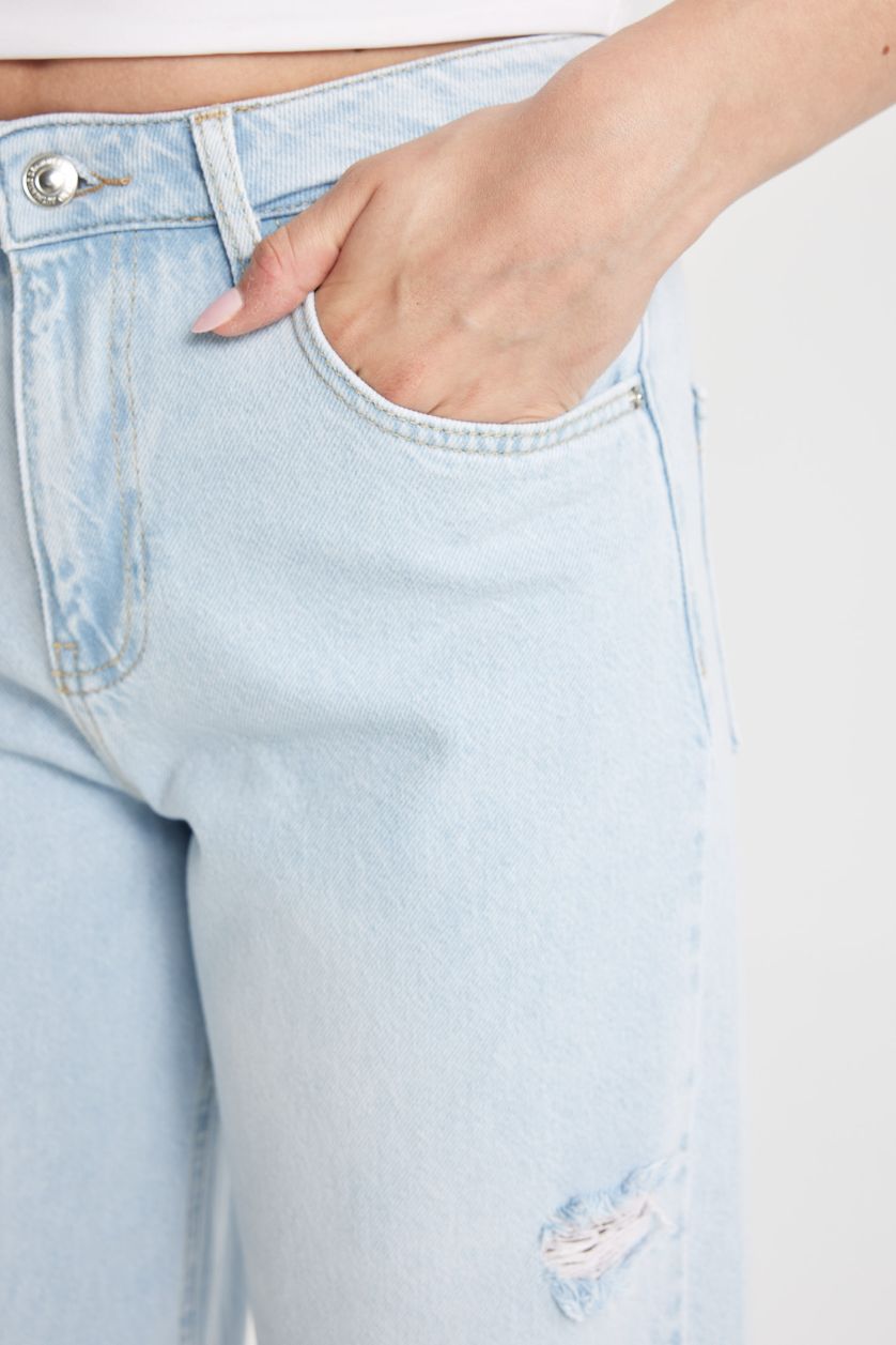 Kadın Açık Mavi Wıde Leg Normal Bel Uzun Jean Yıkamalı Pantolon
