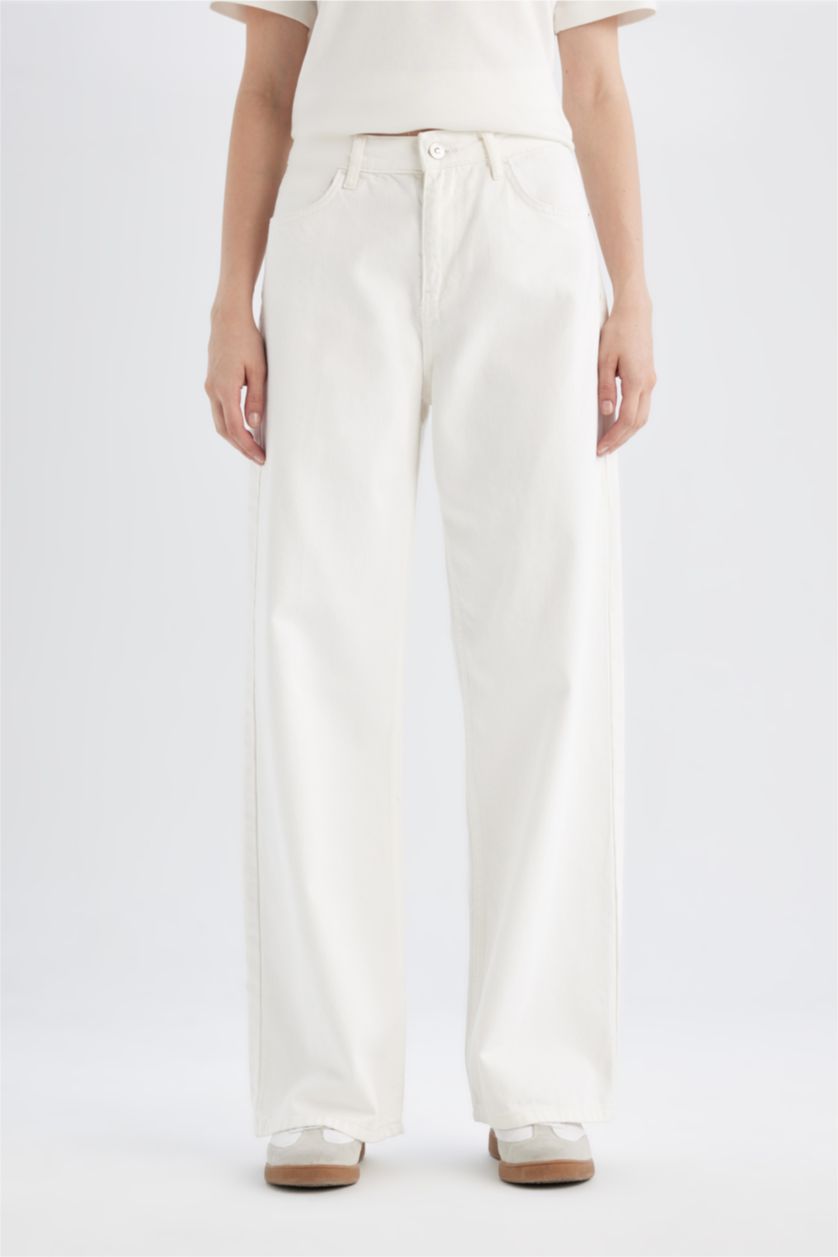 FEMME Écru Pantalon Jean Blanc Long à Coupe Large Taille Normale et Jambes Larges