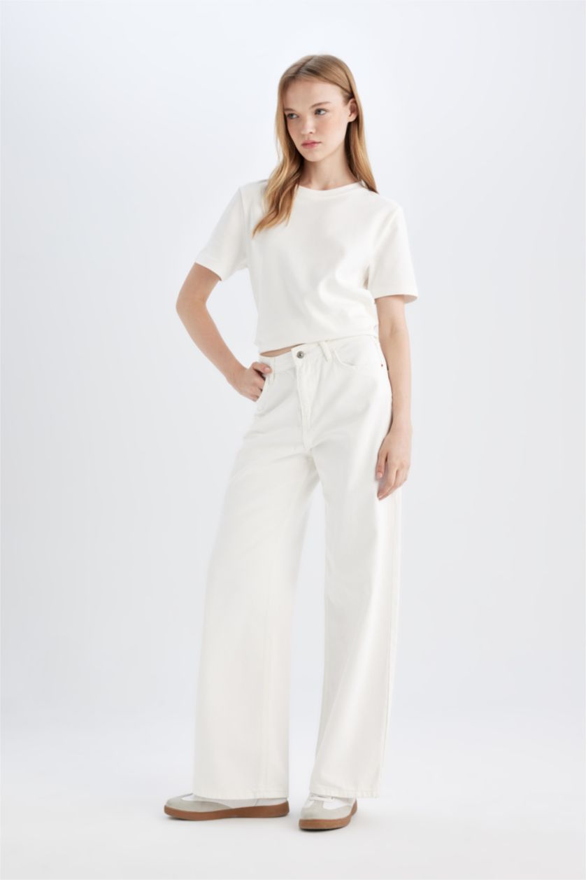 FEMME Écru Pantalon Jean Blanc Long à Coupe Large Taille Normale et Jambes Larges