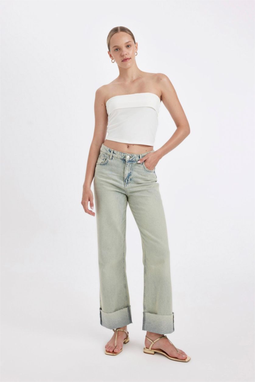 FEMME Indigo Clair Pantalon en Jean Droit Taille Haute à effet Délavé
