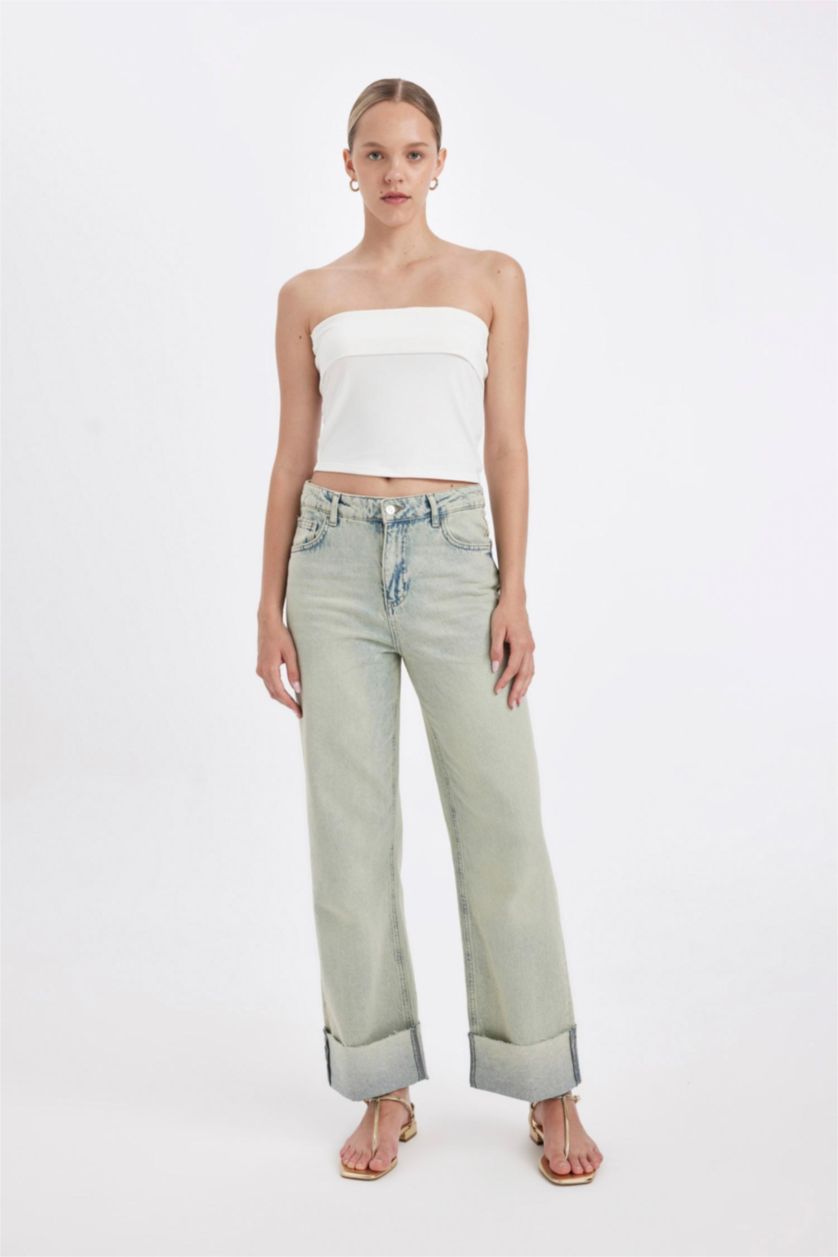 FEMME Indigo Clair Pantalon en Jean Droit Taille Haute à effet Délavé