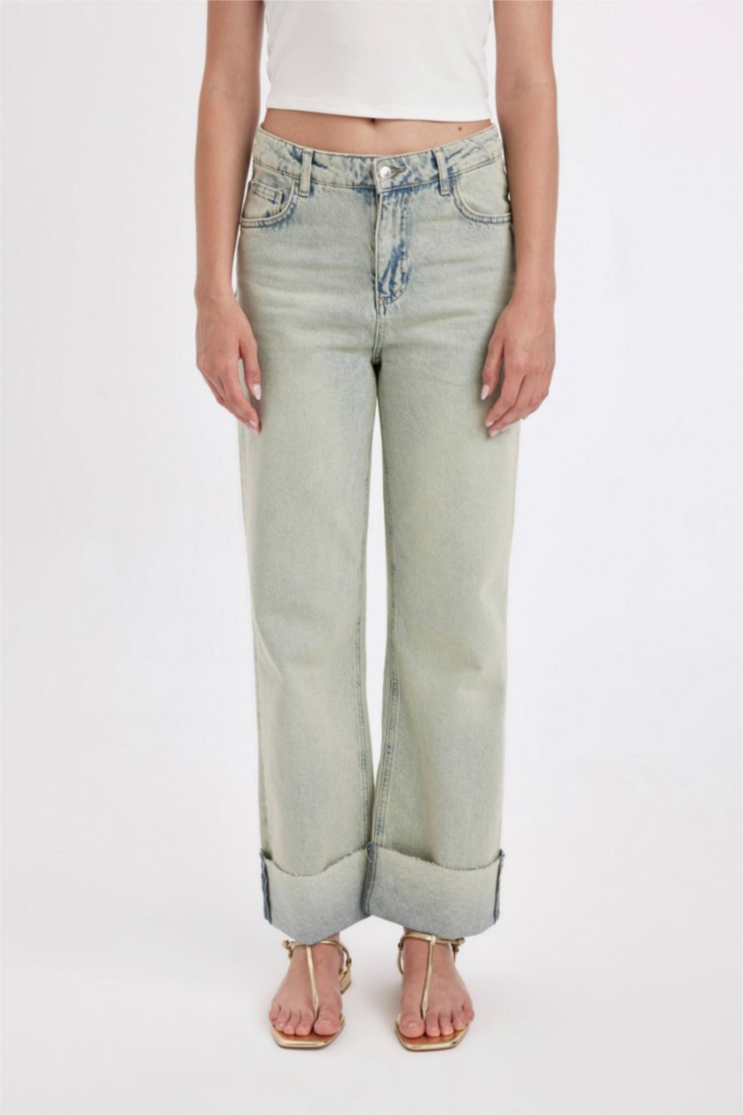 FEMME Indigo Clair Pantalon en Jean Droit Taille Haute à effet Délavé
