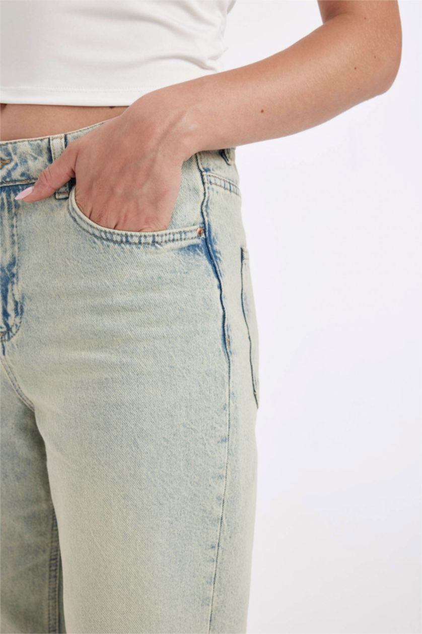 FEMME Indigo Clair Pantalon en Jean Droit Taille Haute à effet Délavé