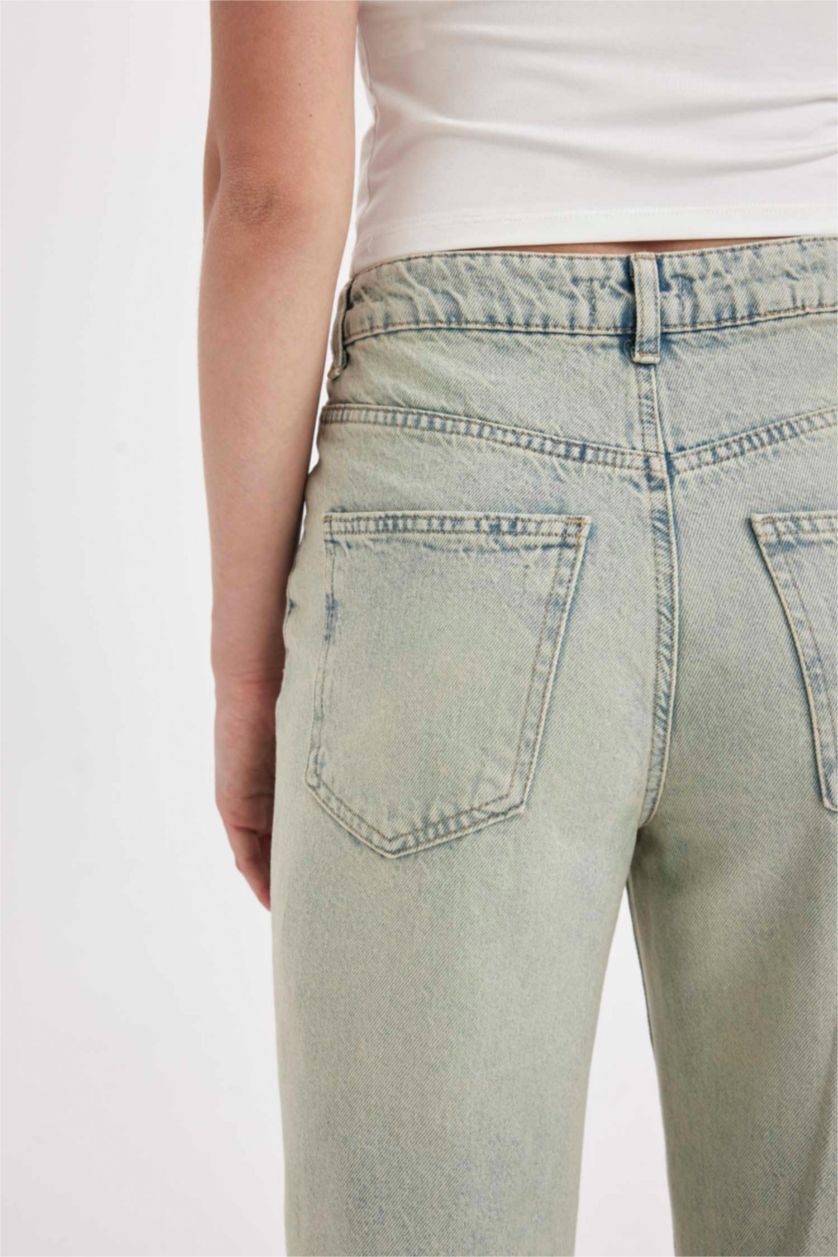FEMME Indigo Clair Pantalon en Jean Droit Taille Haute à effet Délavé
