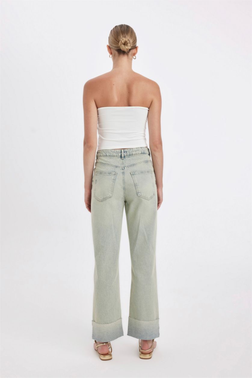FEMME Indigo Clair Pantalon en Jean Droit Taille Haute à effet Délavé