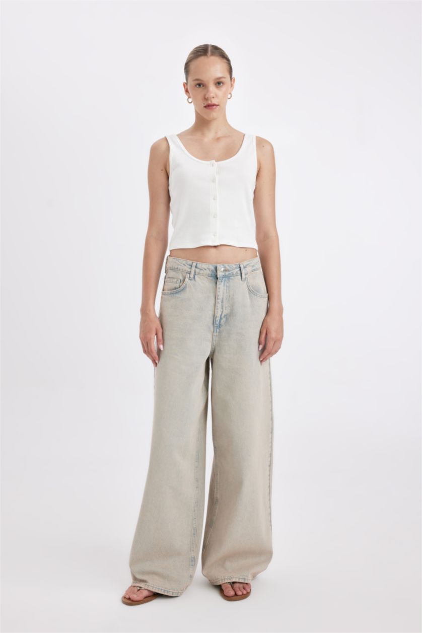 Kadın Açık İndigo Baggy Yüksek Bel Geniş Paça Uzun Jean Yıkamalı Pantolon