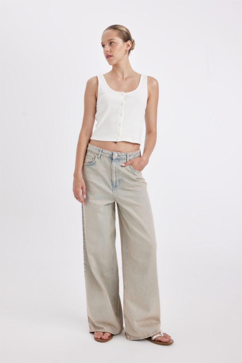 Kadın Açık İndigo Baggy Yüksek Bel Geniş Paça Uzun Jean Yıkamalı Pantolon