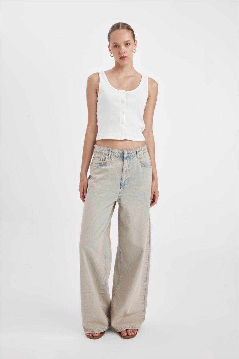 Kadın Açık İndigo Baggy Yüksek Bel Geniş Paça Uzun Jean Yıkamalı Pantolon