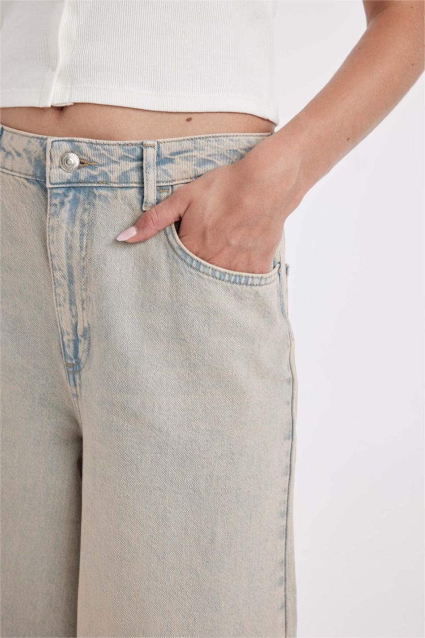 Kadın Açık İndigo Baggy Yüksek Bel Geniş Paça Uzun Jean Yıkamalı Pantolon