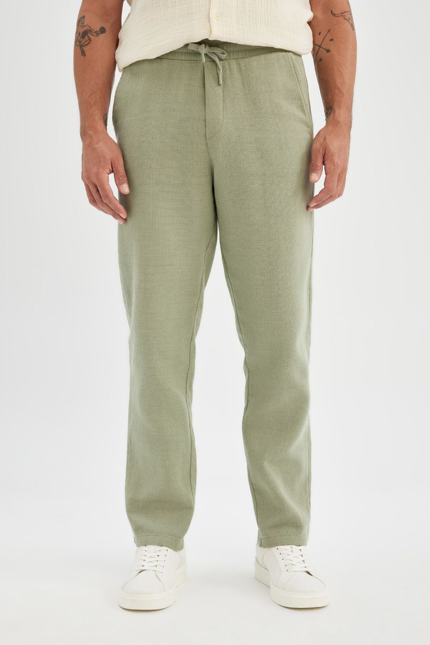 Erkek Yeşil Yazlık Jogger Pantolon Relax Fit Rahat Kesim Pamuklu Düz Paça