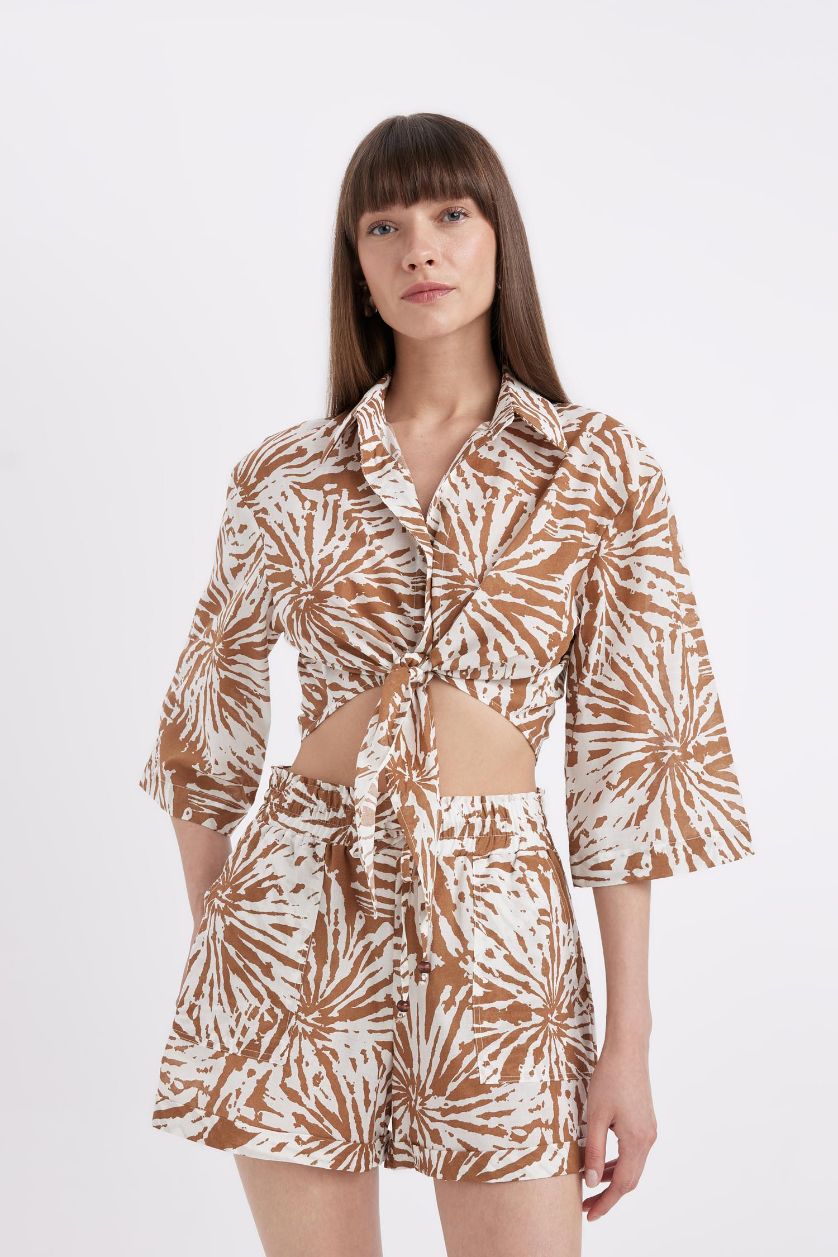 FEMME Marron Chemisier court à Manches Courtes en Voile à col de chemise