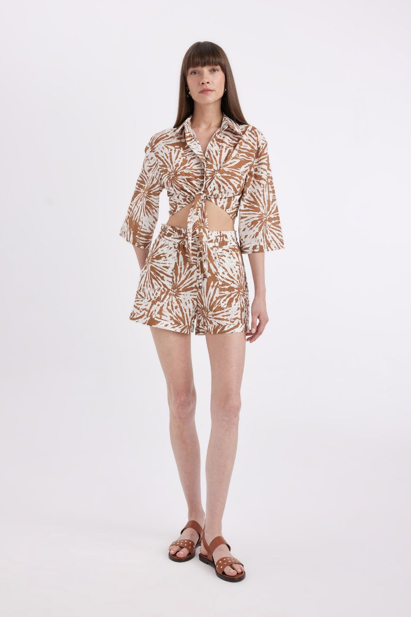 FEMME Marron Chemisier court à Manches Courtes en Voile à col de chemise