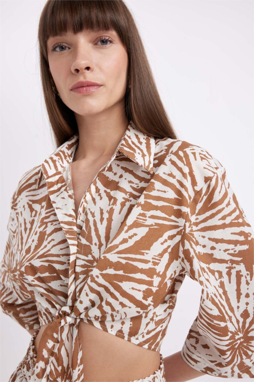 FEMME Marron Chemisier court à Manches Courtes en Voile à col de chemise