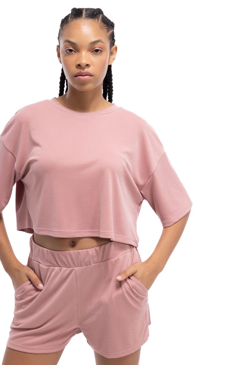 Kadın Gülkurusu Crop Bisiklet Yaka Sporcu Modal Kısa Kollu Tişört