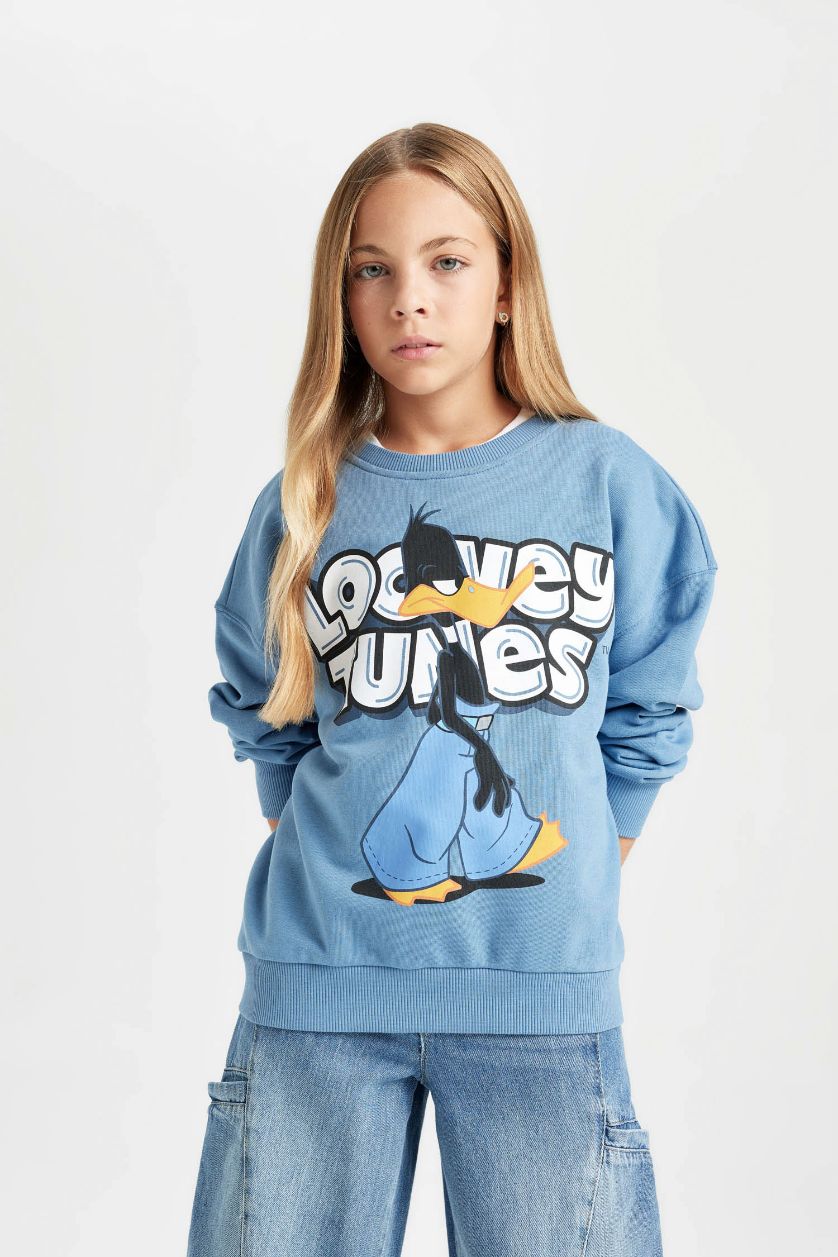 Kız Çocuk - Genç Kız Mavi Mavi Looney Tunes Oversize Geniş Kalıp Bisiklet Yaka Sweatshirt Kız Çocuk