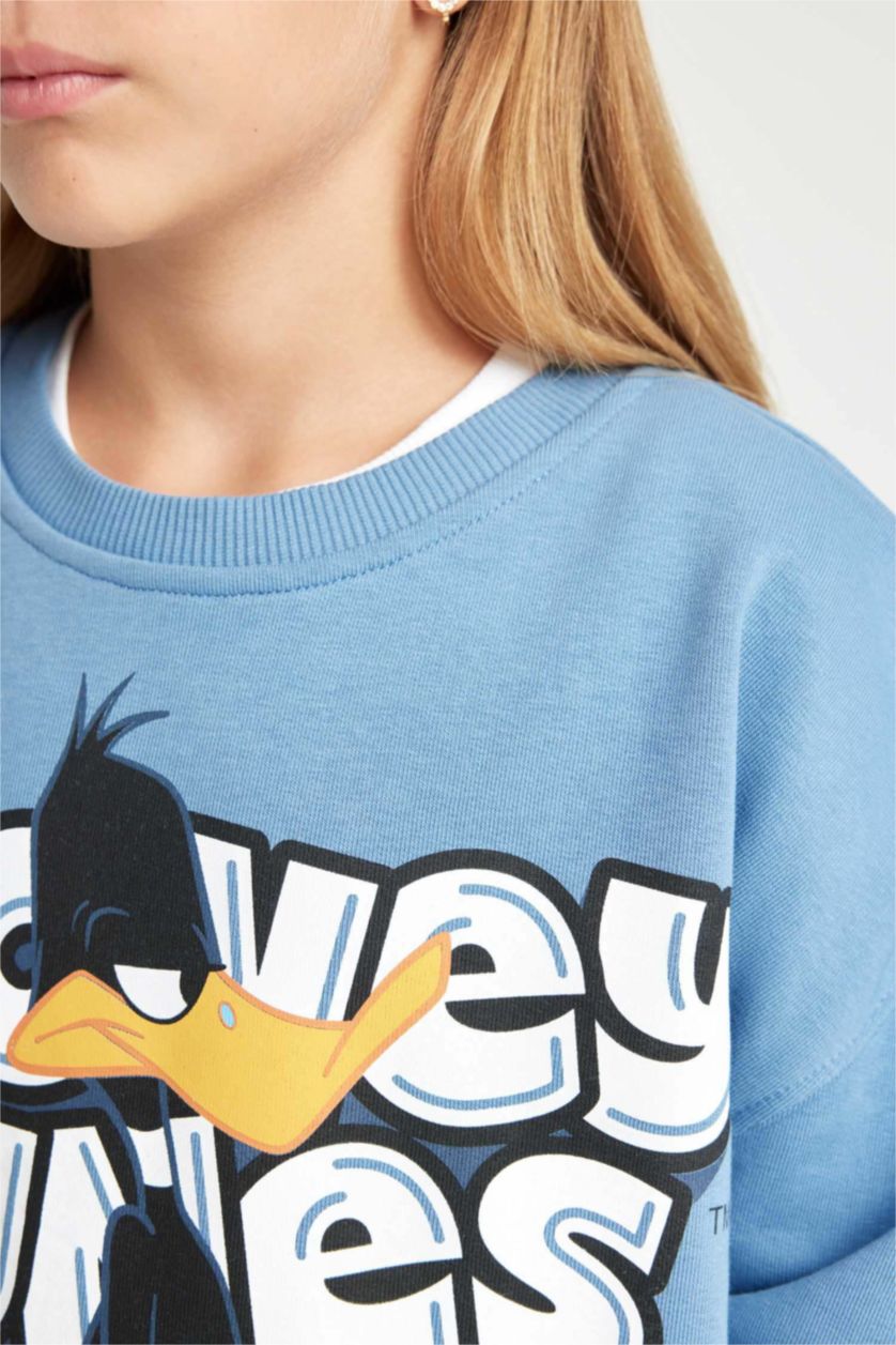 Kız Çocuk - Genç Kız Mavi Mavi Looney Tunes Oversize Geniş Kalıp Bisiklet Yaka Sweatshirt Kız Çocuk