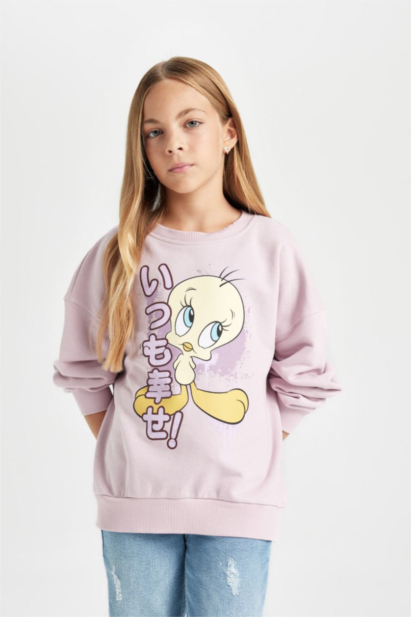 Kız Çocuk - Genç Kız Pembe Kız Çocuk Looney Tunes Baskılı Oversize Geniş Kalıp Bisiklet Yaka Sweatshirt