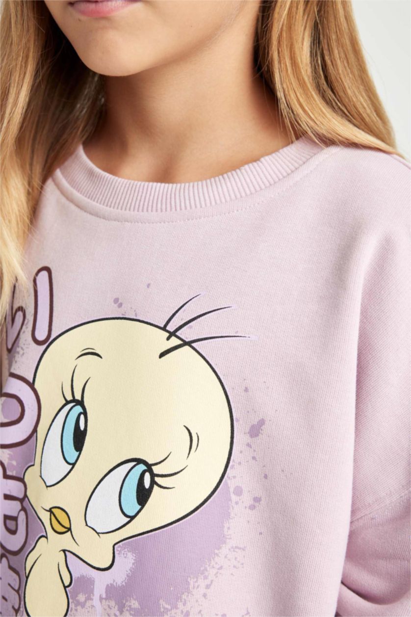 Kız Çocuk - Genç Kız Pembe Kız Çocuk Looney Tunes Baskılı Oversize Geniş Kalıp Bisiklet Yaka Sweatshirt