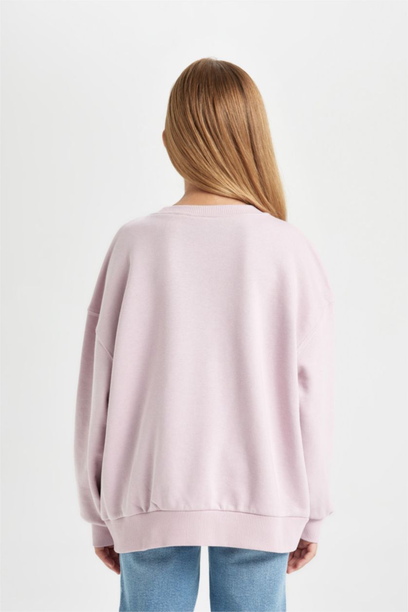 Kız Çocuk - Genç Kız Pembe Kız Çocuk Looney Tunes Baskılı Oversize Geniş Kalıp Bisiklet Yaka Sweatshirt