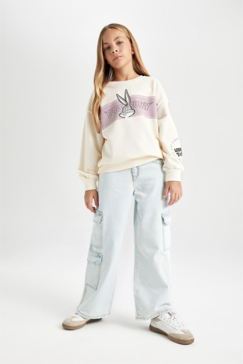 Kız Çocuk - Genç Kız Ekru Kız Çocuk Looney Tunes Baskılı Relax Fit Bisiklet Yaka Sweatshirt