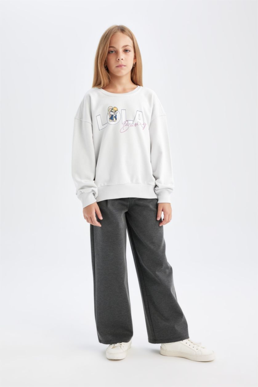 Kız Çocuk - Genç Kız Gri Looney Tunes Relax Fit Bisiklet Yaka Sırt Baskılı Sweatshirt Kız Çocuk