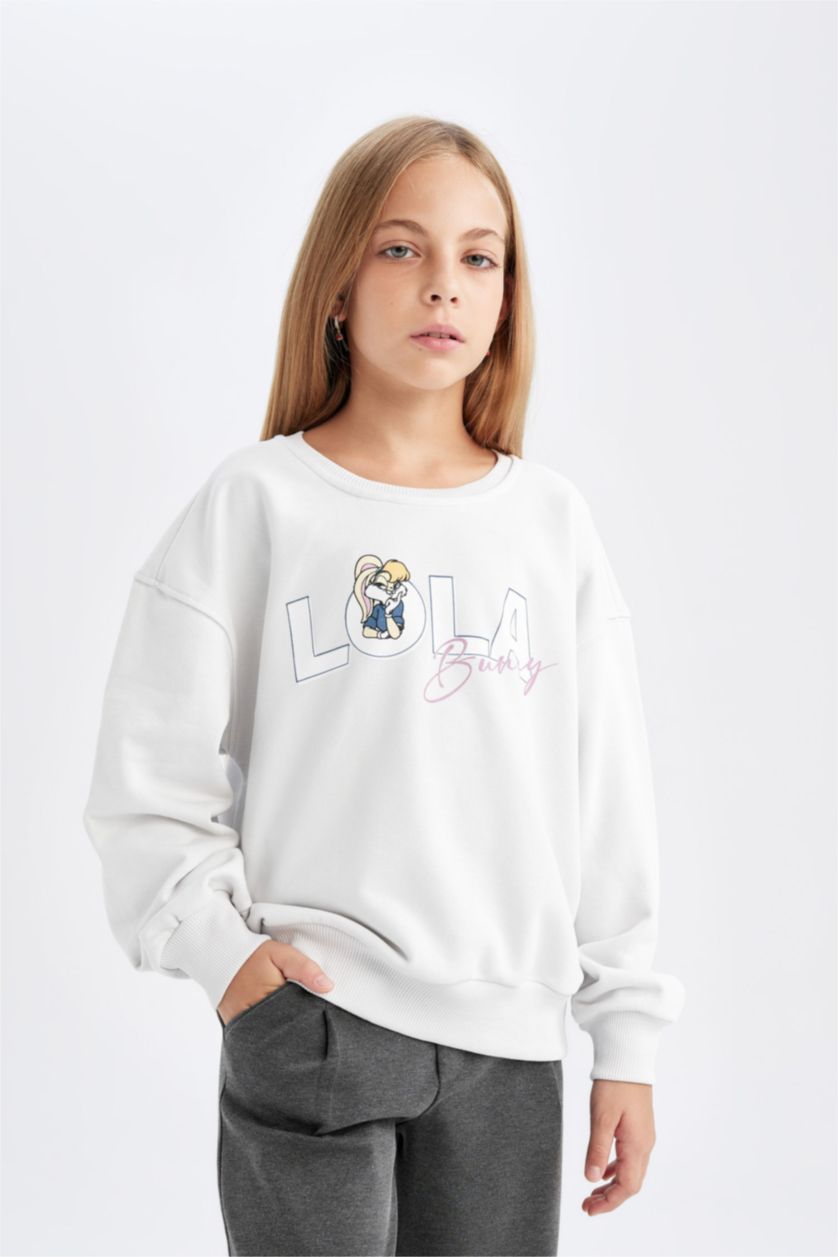 Kız Çocuk - Genç Kız Gri Looney Tunes Relax Fit Bisiklet Yaka Sırt Baskılı Sweatshirt Kız Çocuk