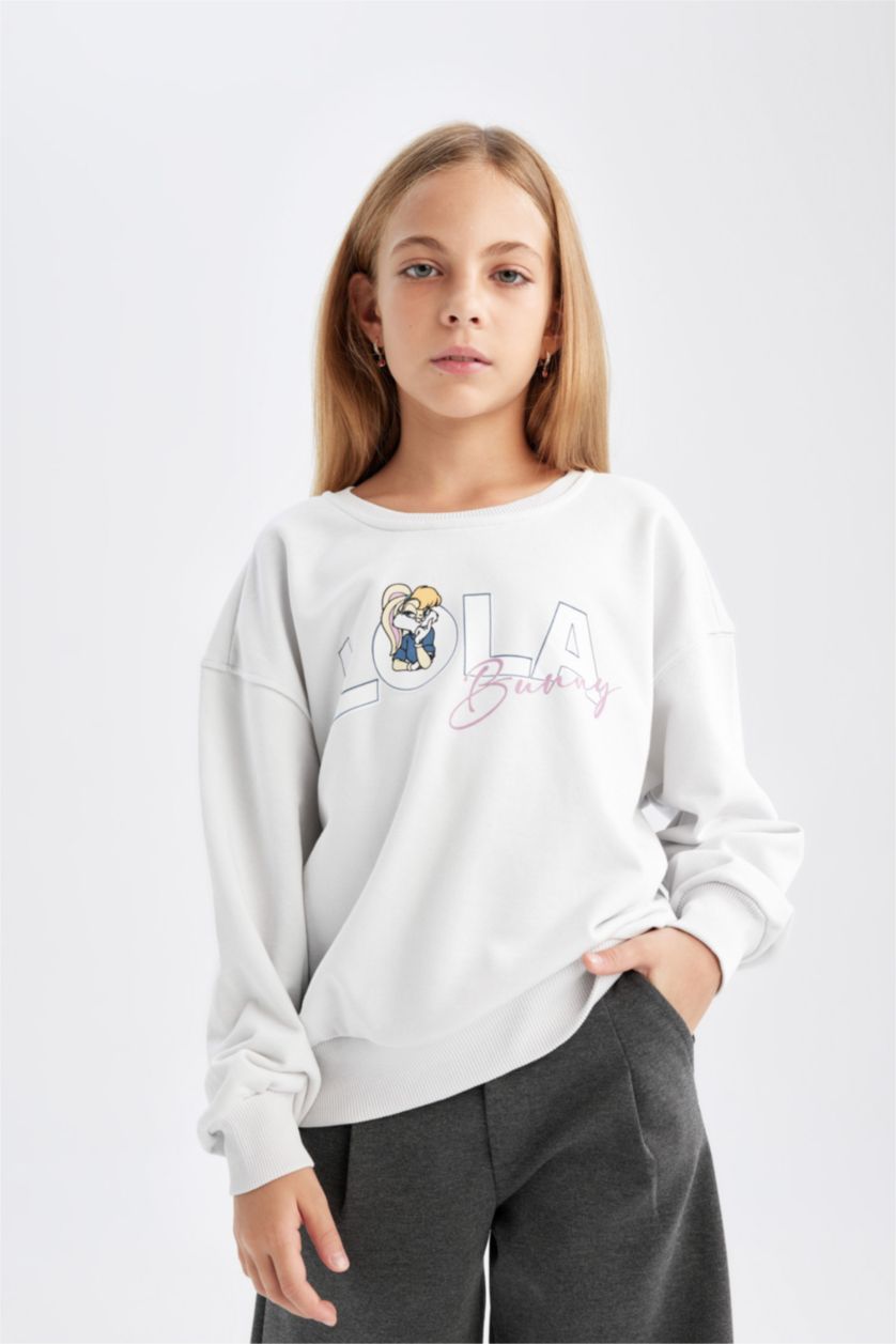 Kız Çocuk - Genç Kız Gri Looney Tunes Relax Fit Bisiklet Yaka Sırt Baskılı Sweatshirt Kız Çocuk