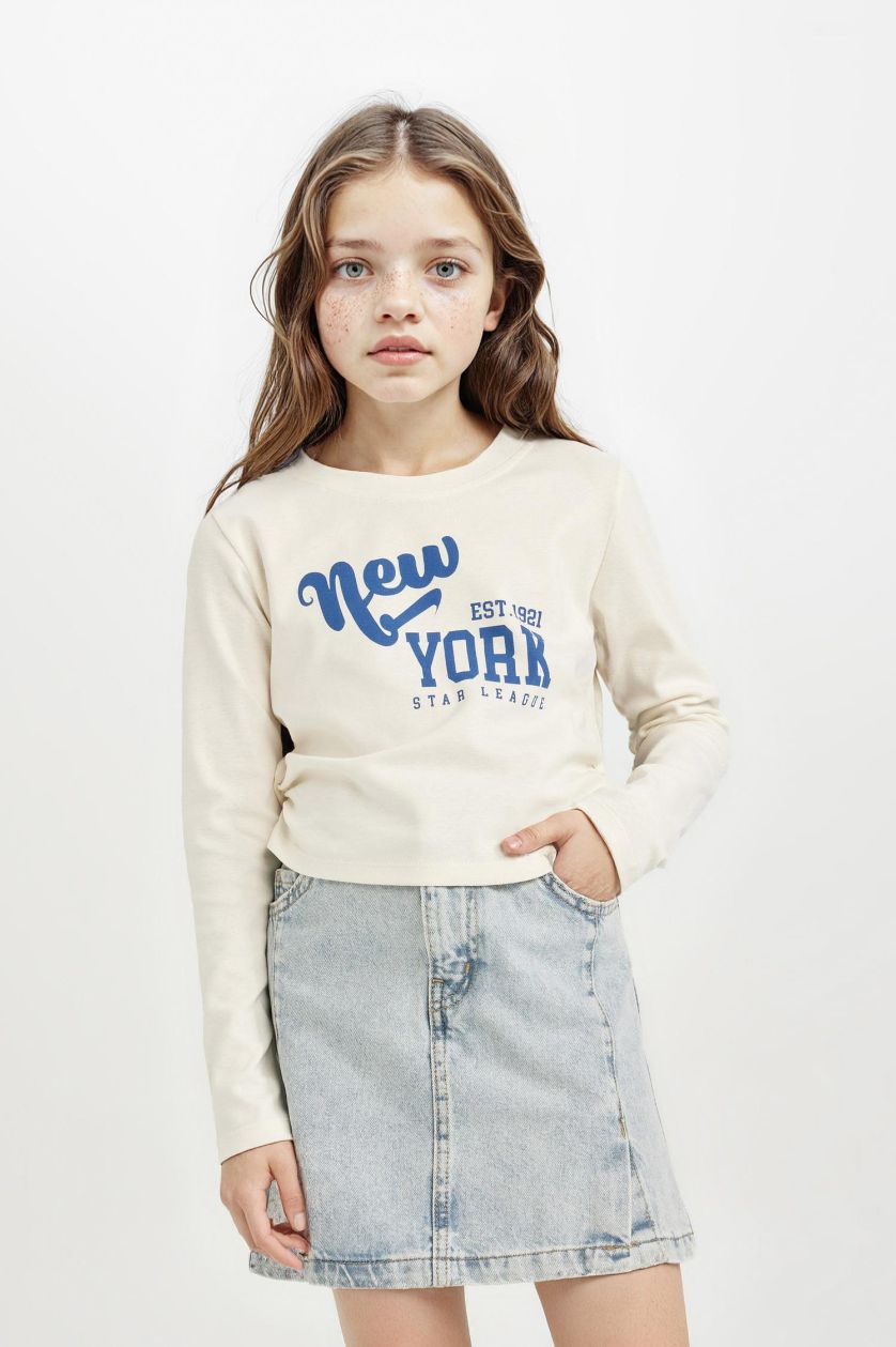 Kız Çocuk - Genç Kız Ekru Cropped Fit Bisiklet Yaka Baskılı Ribana Uzun Kollu Tişört Kız Çocuk