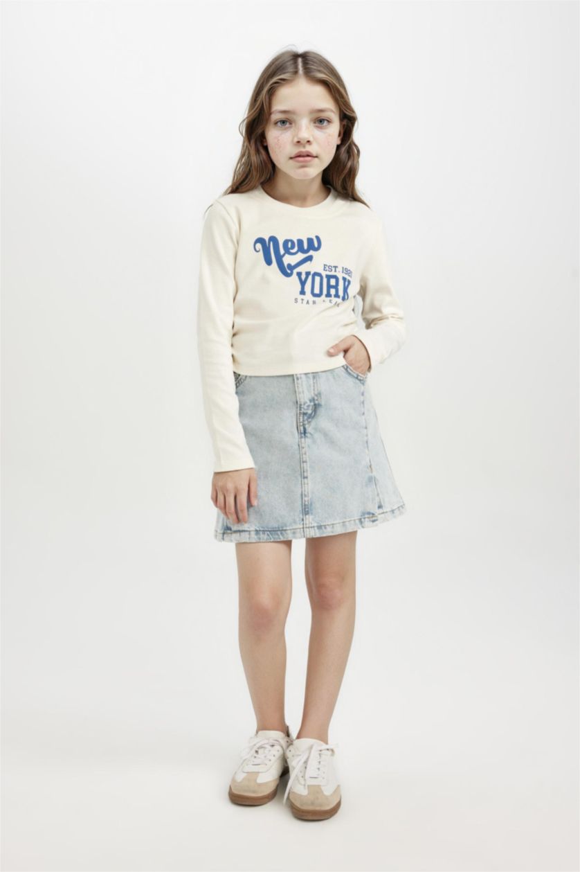 Kız Çocuk - Genç Kız Ekru Cropped Fit Bisiklet Yaka Baskılı Ribana Uzun Kollu Tişört Kız Çocuk