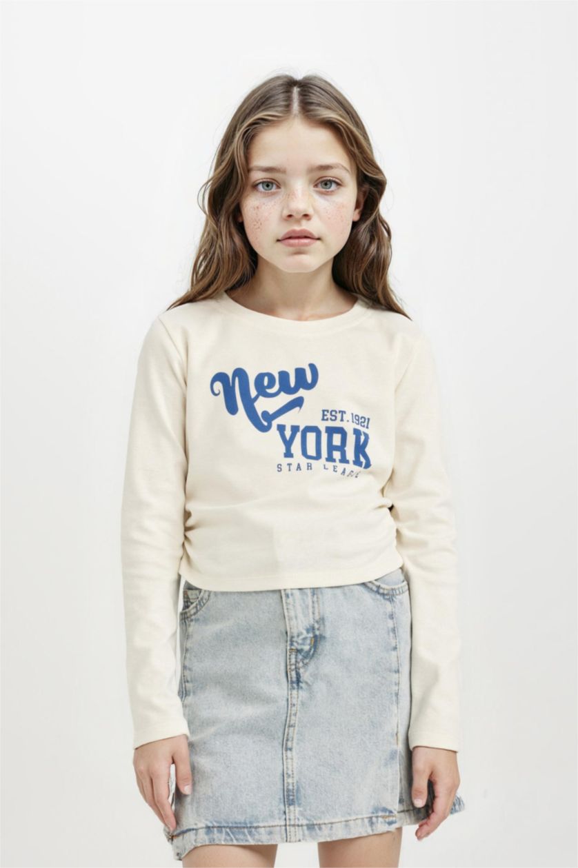 Kız Çocuk - Genç Kız Ekru Cropped Fit Bisiklet Yaka Baskılı Ribana Uzun Kollu Tişört Kız Çocuk