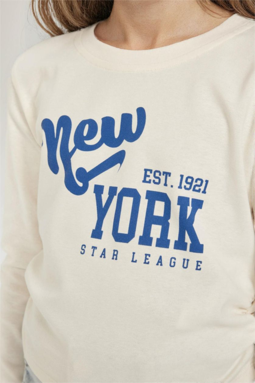 Kız Çocuk - Genç Kız Ekru Cropped Fit Bisiklet Yaka Baskılı Ribana Uzun Kollu Tişört Kız Çocuk