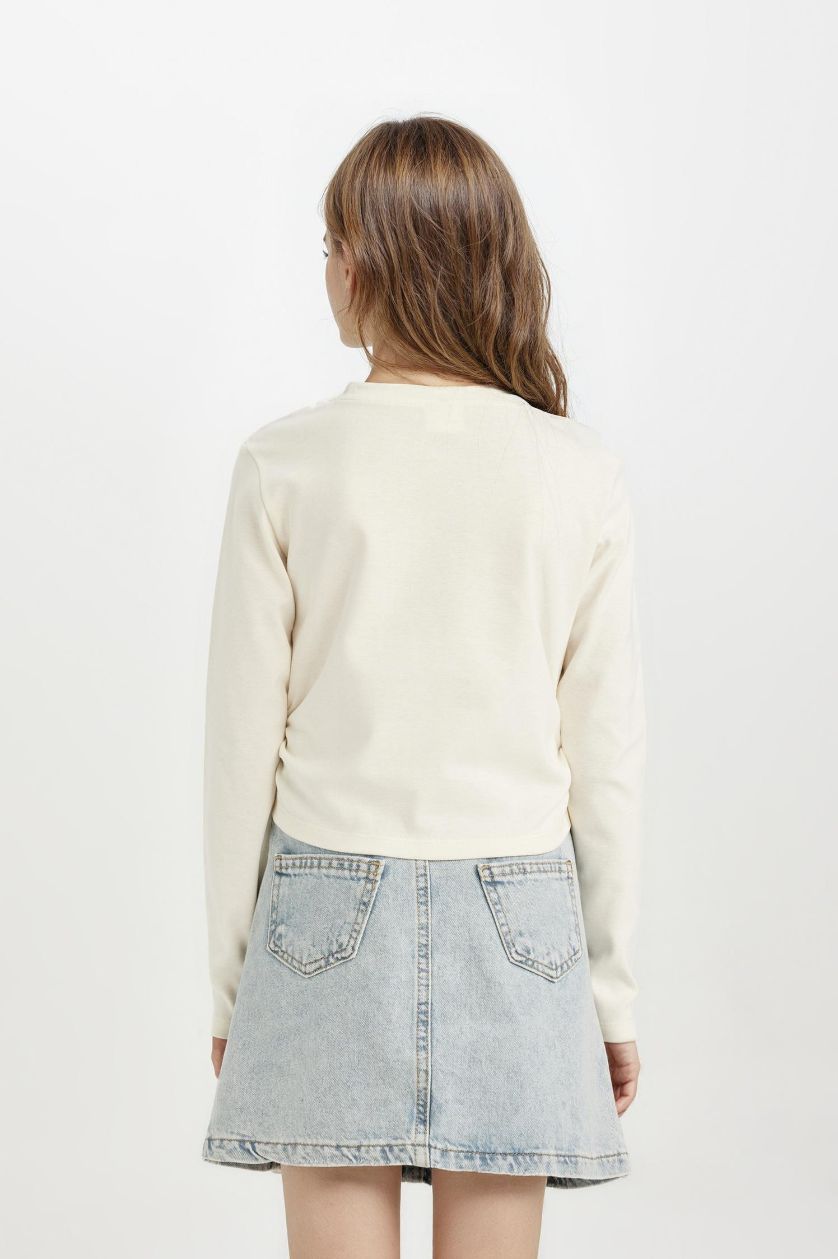 Kız Çocuk - Genç Kız Ekru Cropped Fit Bisiklet Yaka Baskılı Ribana Uzun Kollu Tişört Kız Çocuk