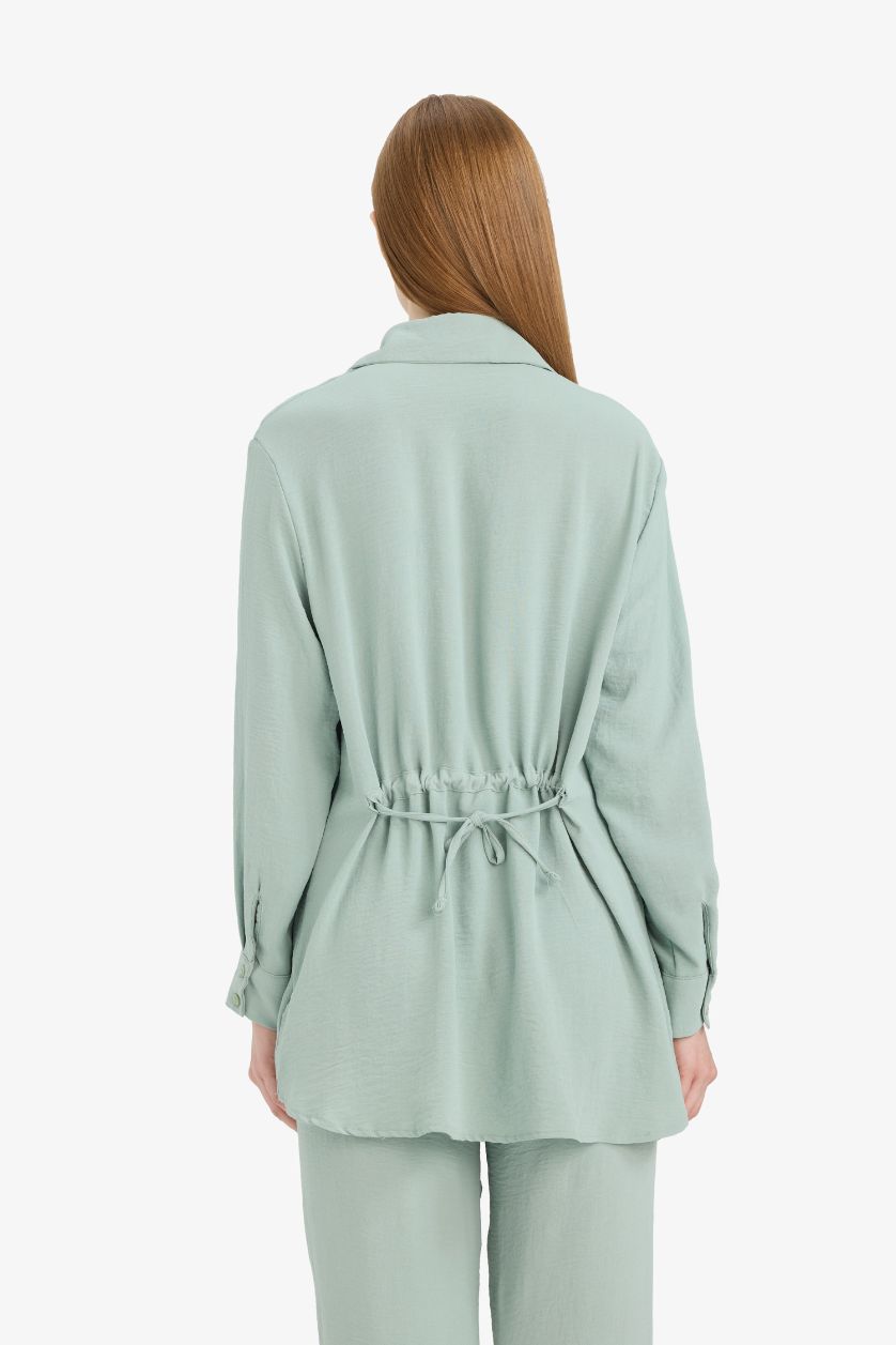 حريمي كاكي فاتح تونيك قميص بيزك كم طويل وقصة مريحة