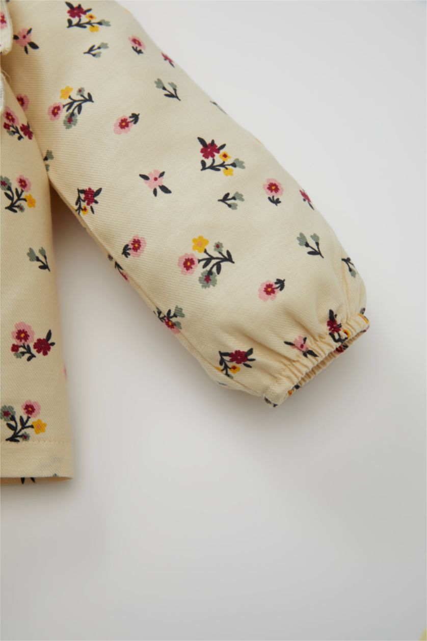 Kız Bebek Kum Bisiklet Yaka Twill Çiçek Desenli Uzun Kollu Gömlek Kız Bebek