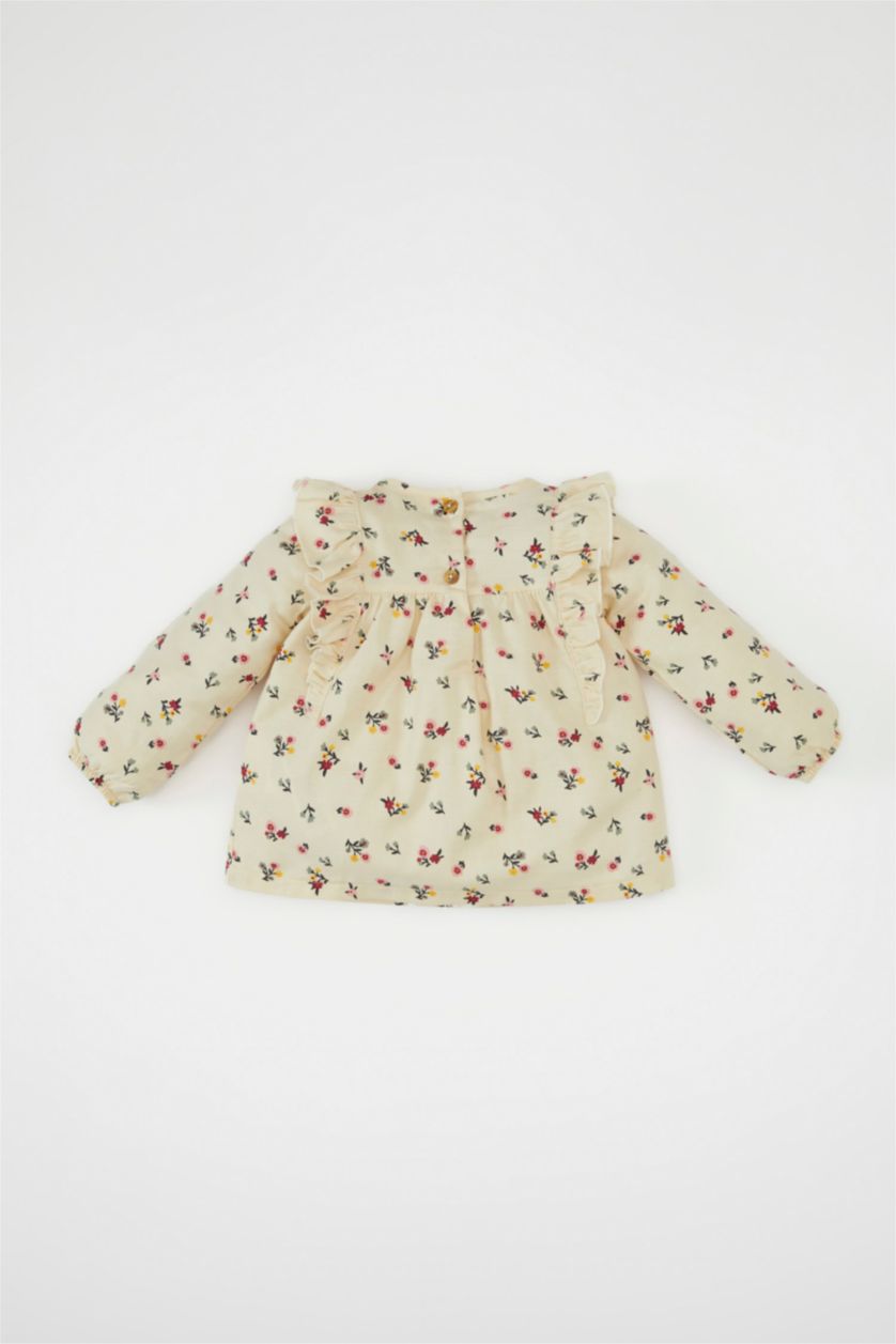 Kız Bebek Kum Bisiklet Yaka Twill Çiçek Desenli Uzun Kollu Gömlek Kız Bebek