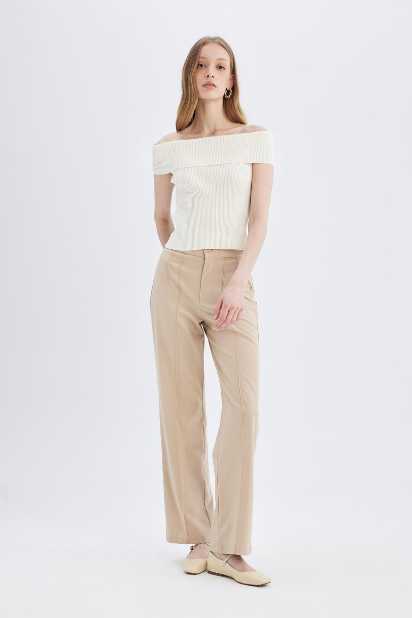 Kadın Ekru Fitted Açık Omuz Basic Düz Triko Bluz