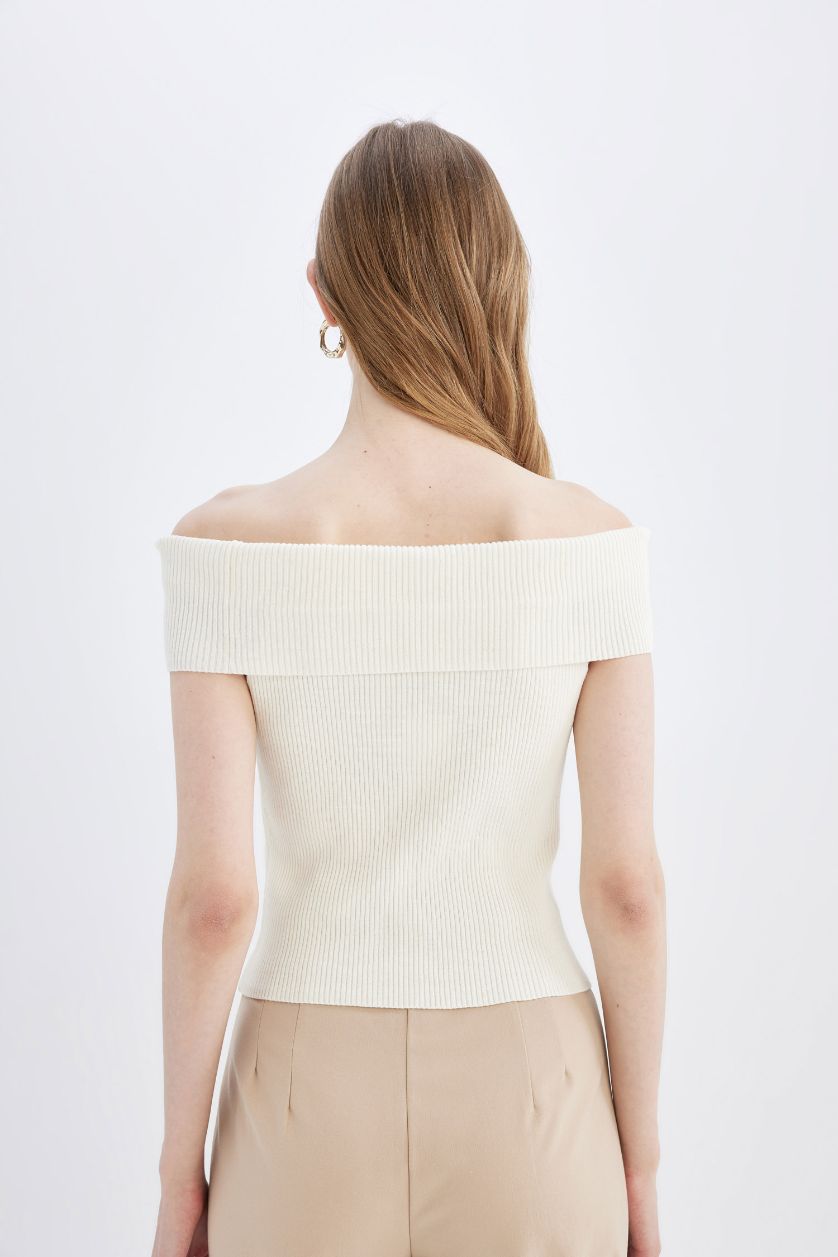 Kadın Ekru Fitted Açık Omuz Basic Düz Triko Bluz