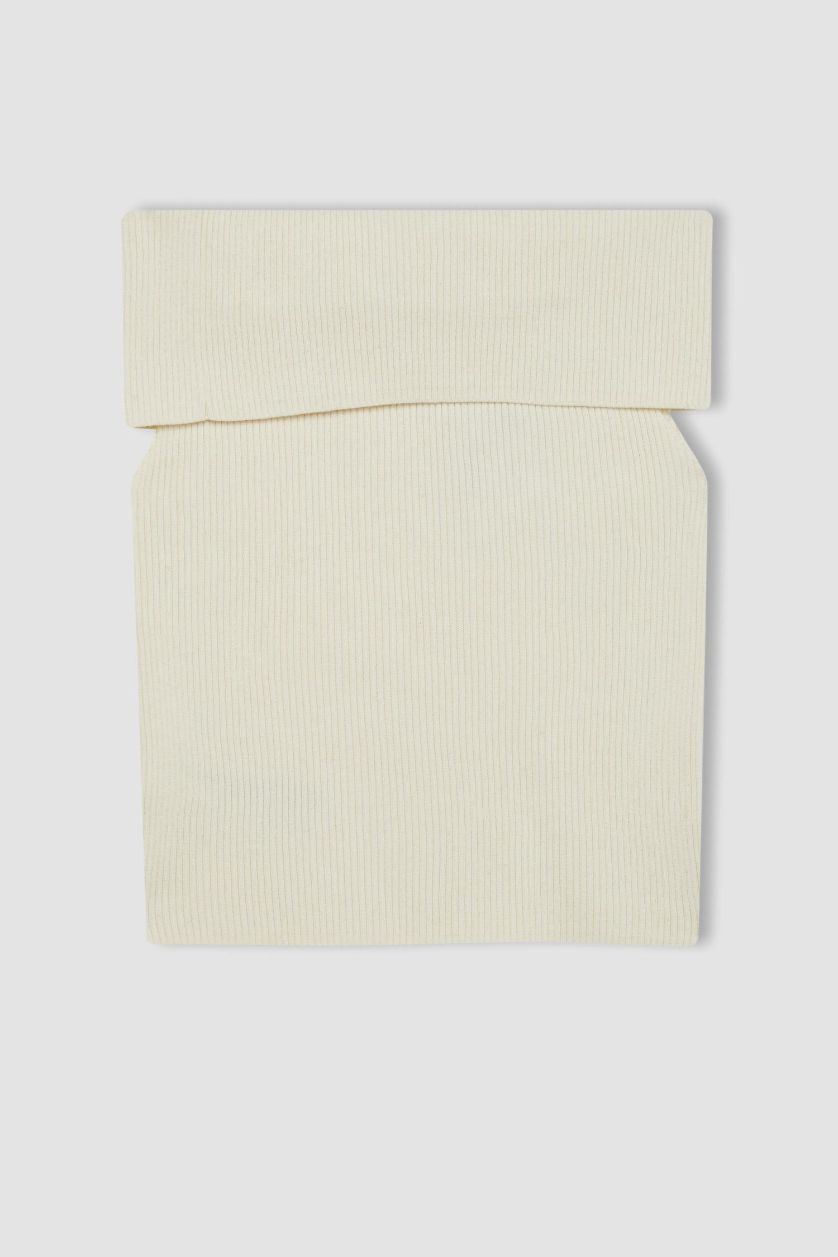 Kadın Ekru Fitted Açık Omuz Basic Düz Triko Bluz