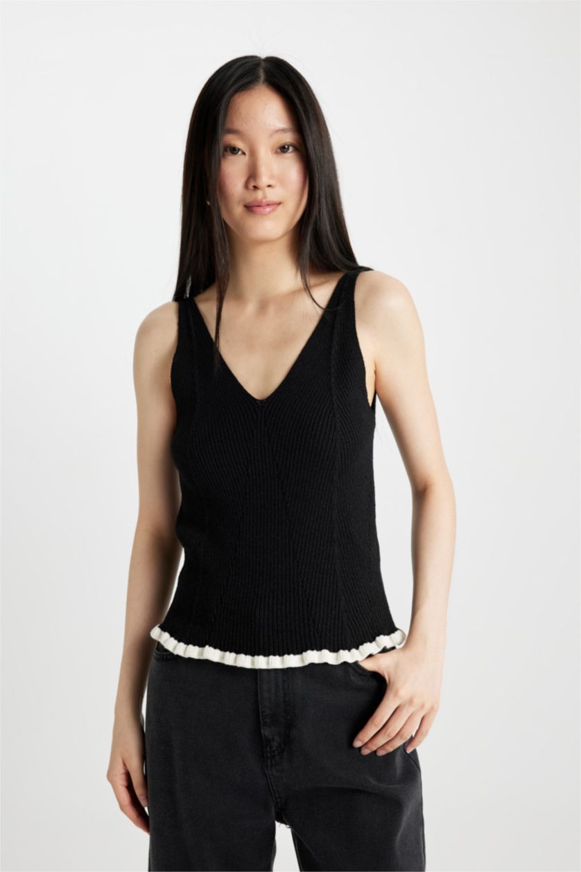 Kadın Siyah Fitted V Yaka Basic Düz Triko Atlet