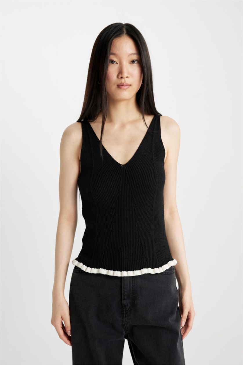 Kadın Siyah Fitted V Yaka Basic Düz Triko Atlet