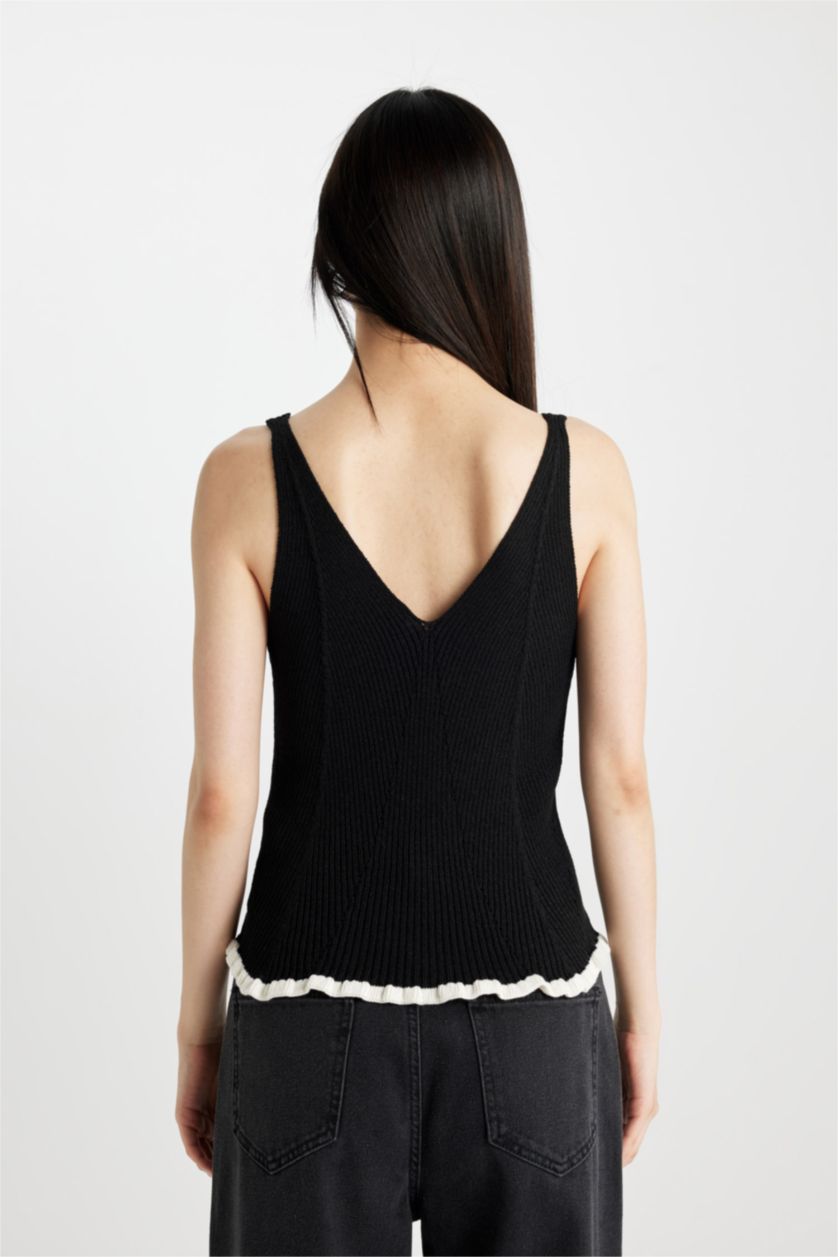 Kadın Siyah Fitted V Yaka Basic Düz Triko Atlet