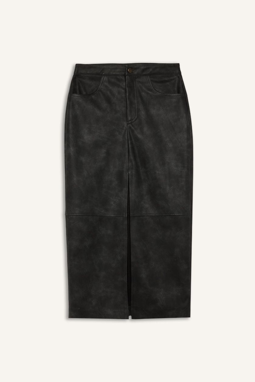 WOMAN Anthracite Pencil Skirt Faux Leather High Waist Midi Knitted Skirt