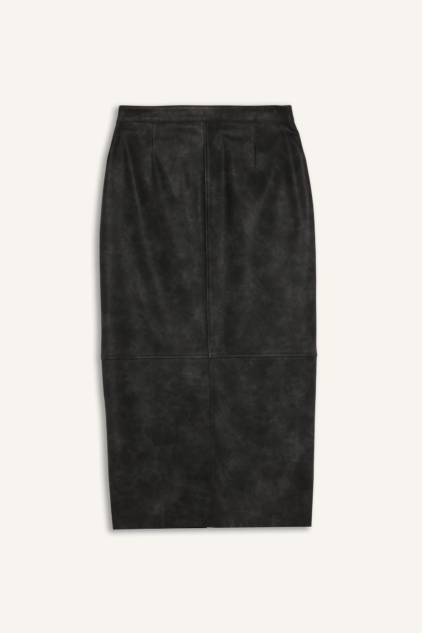 WOMAN Anthracite Pencil Skirt Faux Leather High Waist Midi Knitted Skirt