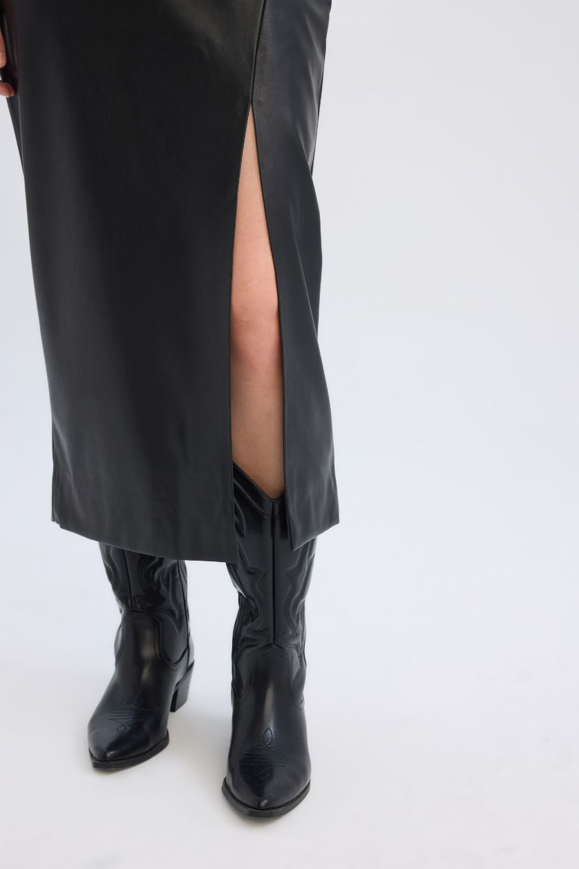 Kadın Siyah Kalem Yüksek Bel Yırtmaçlı Suni Deri Midi Siyah Etek