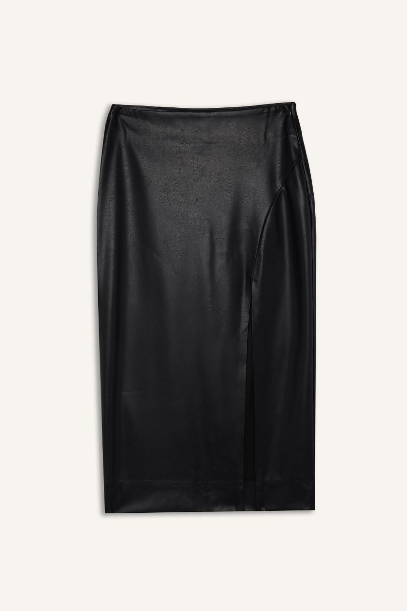 Kadın Siyah Kalem Yüksek Bel Yırtmaçlı Suni Deri Midi Siyah Etek