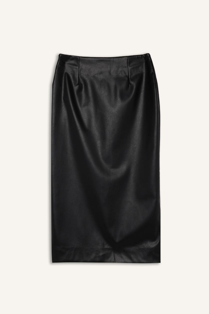 Kadın Siyah Kalem Yüksek Bel Yırtmaçlı Suni Deri Midi Siyah Etek