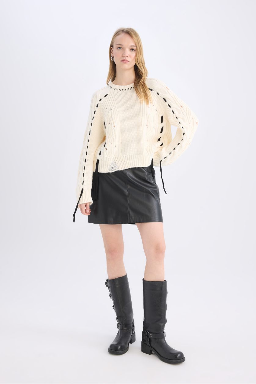 FEMME Noir Mini-jupe évasée en simili cuir à taille haute