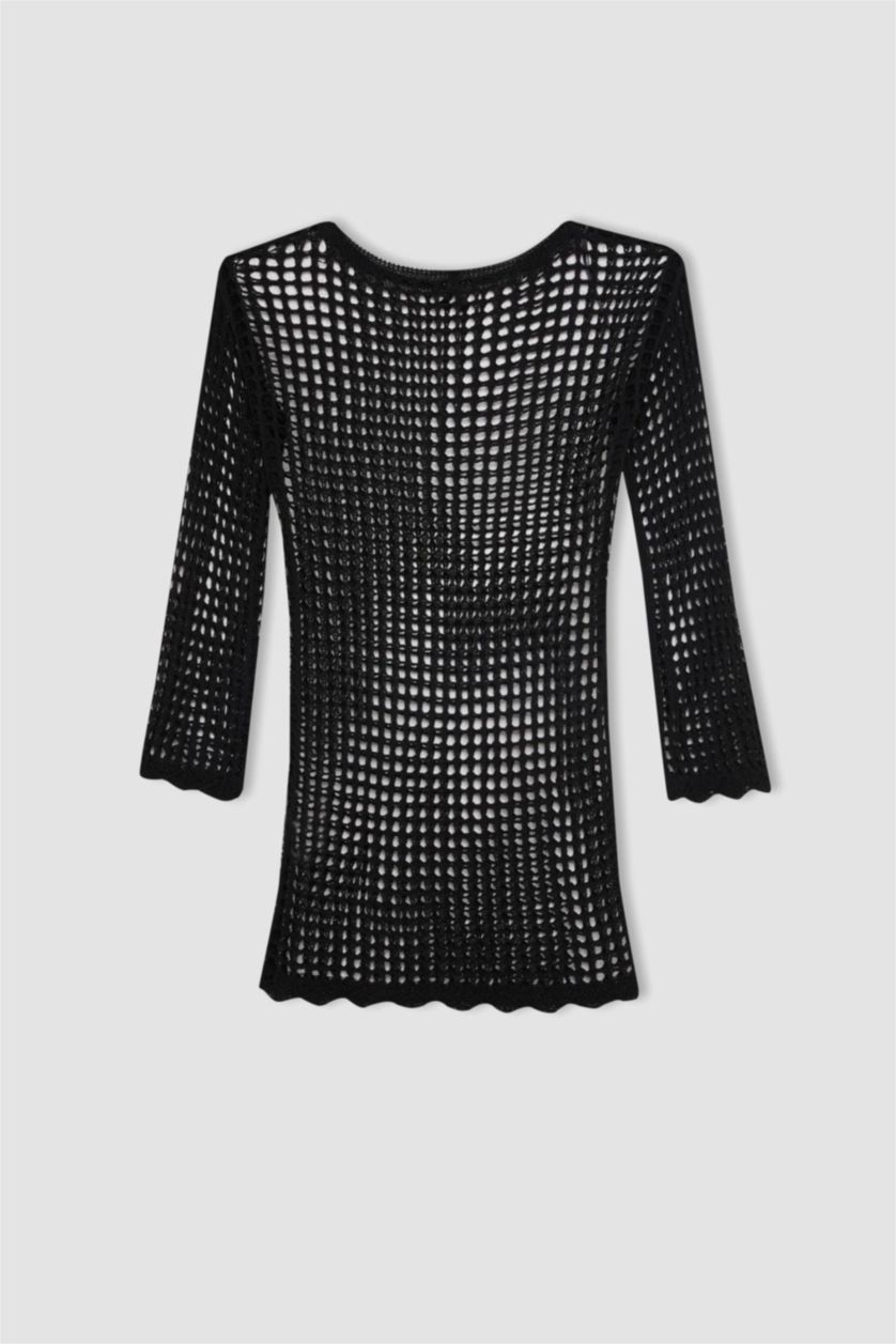 Woman Black Crew Neck Crochet Mini Dress