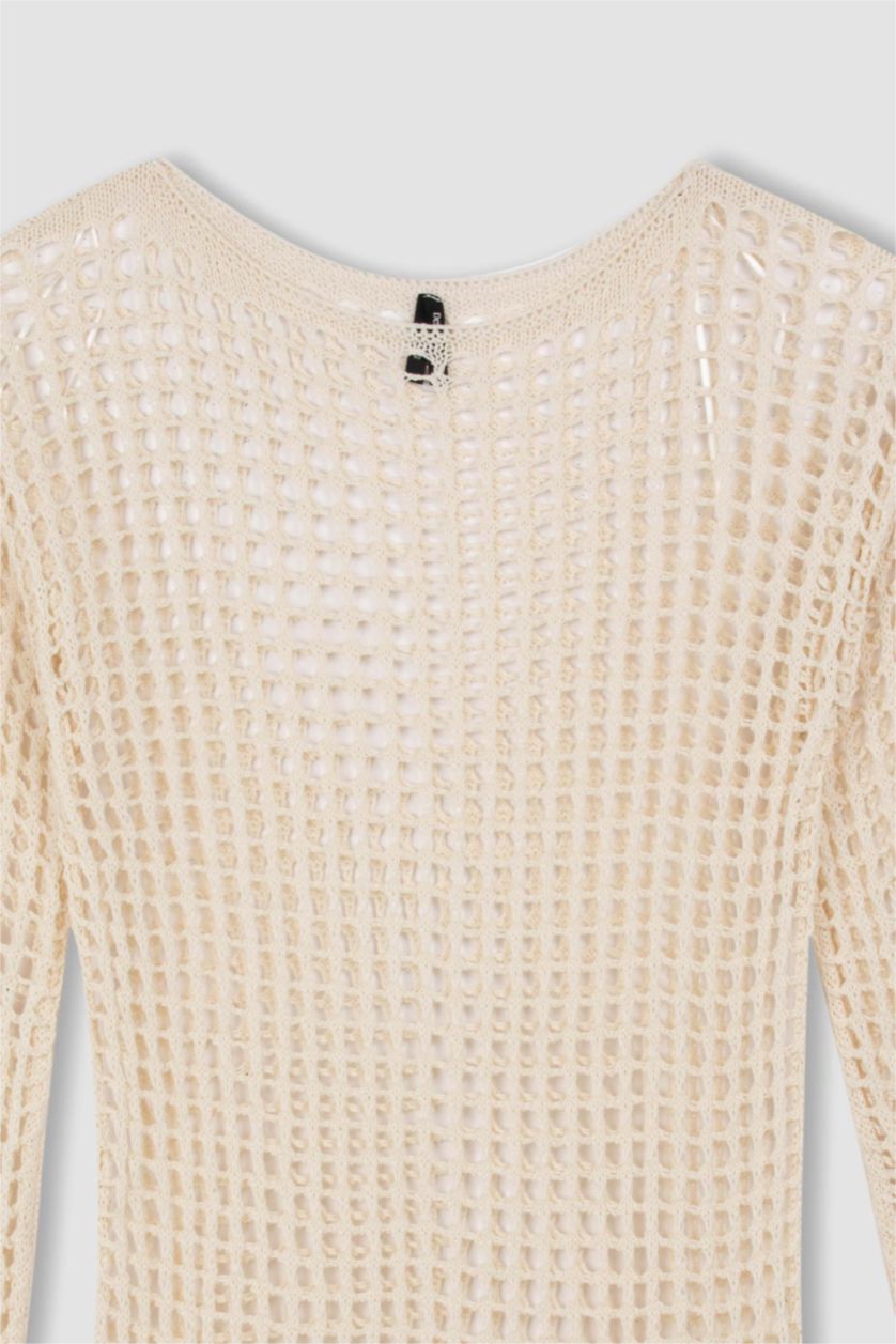 Woman Ecru Crew Neck Crochet Mini Dress