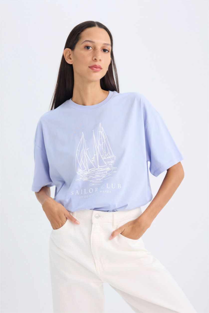 WOMAN Light Blue Oversize Fit Crew Neck Nautical Printed Cotton T-Shirt